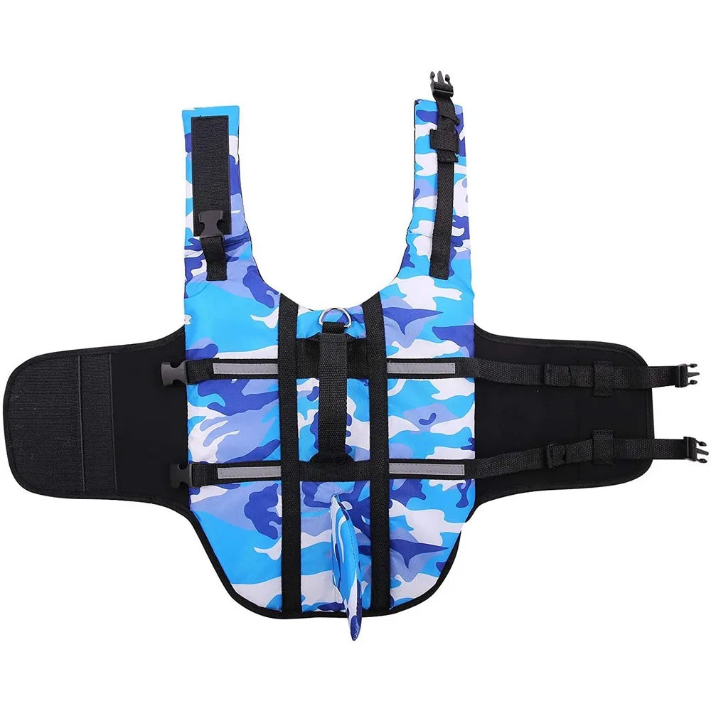Blue camouflage dog harness on a white background