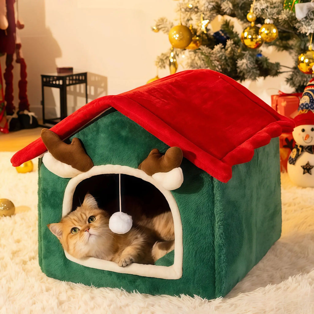 Christmas Cat Nest & Dog House – Warm Soft Plush Pet Bed with Thickened Closed Design, Removable & Multifunctional for Cats & Small Dogs