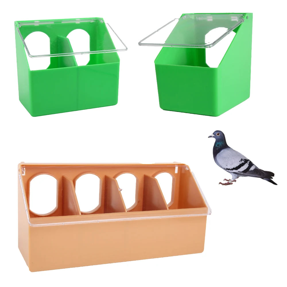 Three green and orange bird feeders with a pigeon on a white background