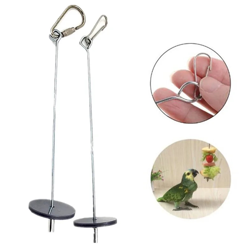 Bird perch with metal clip and inset showing close-up and use on a parrot.