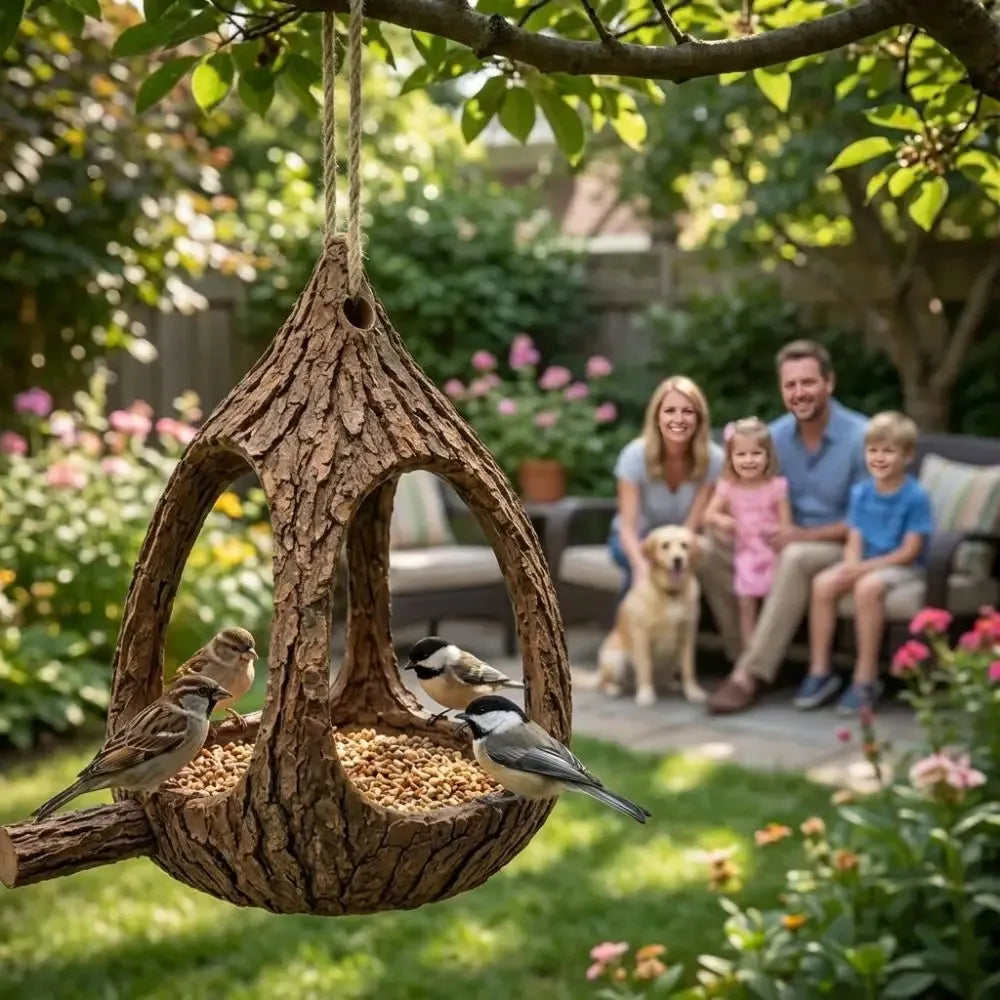 A tree-bark style hanging bird feeder filled with birdseed, with several small birds perched on it in a sunny backyard. A family and a dog sit on a patio chair in the softly blurred background among green foliage and flowers.