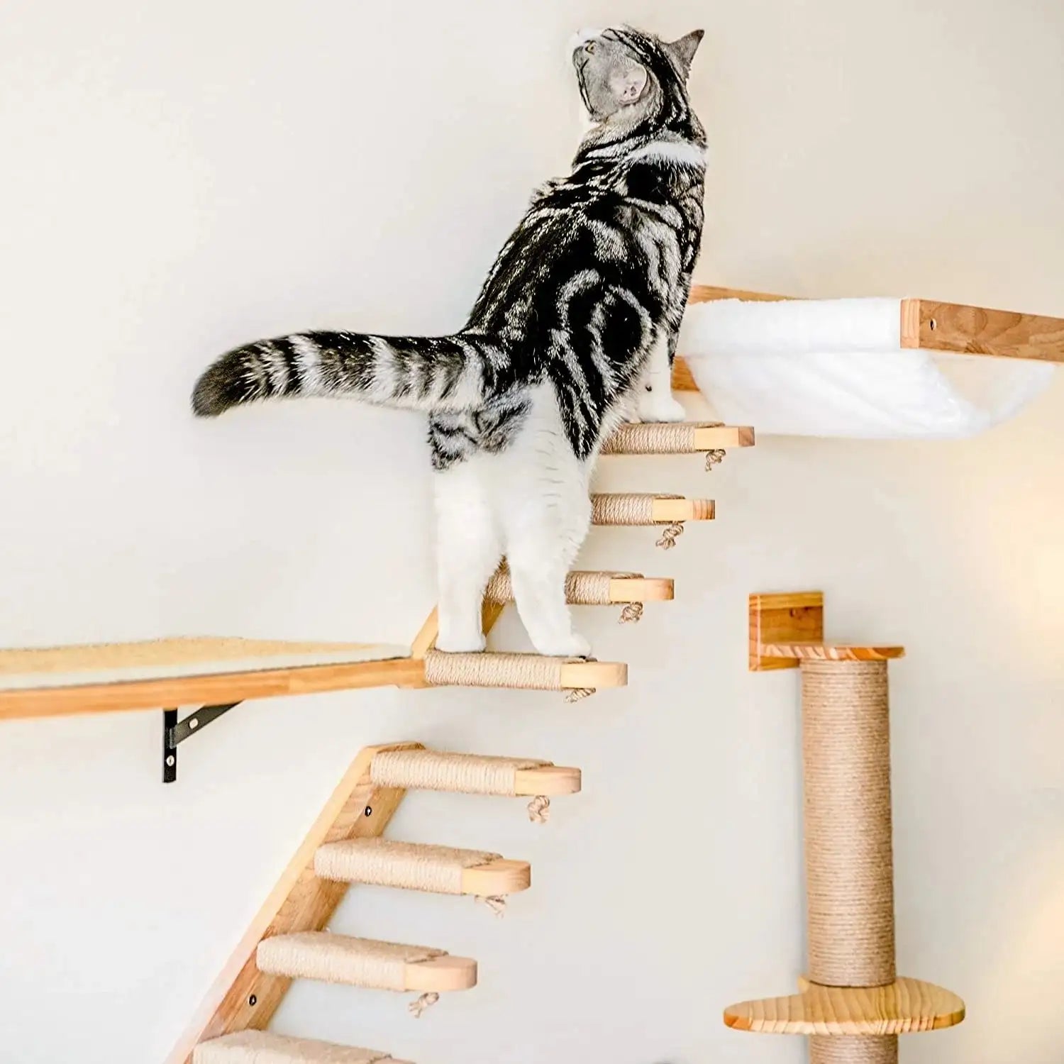 Wall-Mounted Cat Hammock & Scratching Post - Wooden Climbing Perch