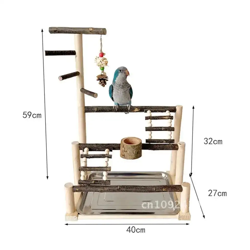 Parrot Playground: Natural Wood & Stainless Steel Multi-Activity Bird Gym with Feeding Cups & Tray