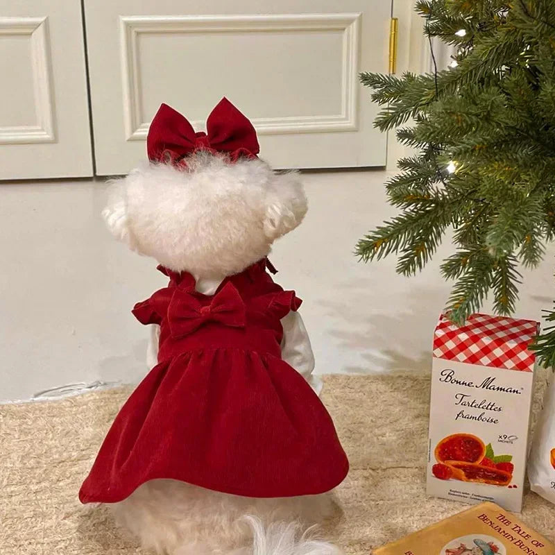 White teddy bear in a red dress with a bow, standing next to a Christmas tree and a box of Tartelettes.