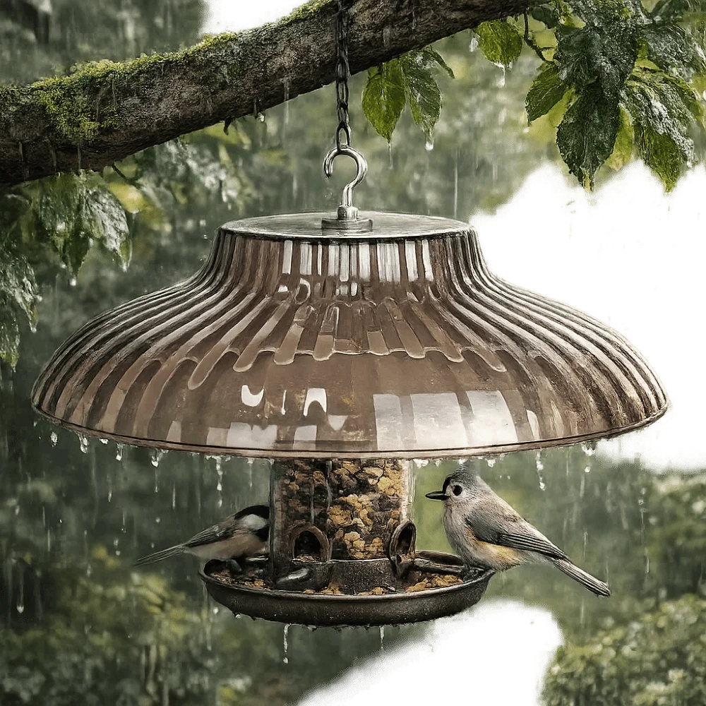 A large metal bird feeder with a ribbed dome-shaped shade hangs from a mossy tree branch in the rain, with two small birds standing at the feeder tray below.