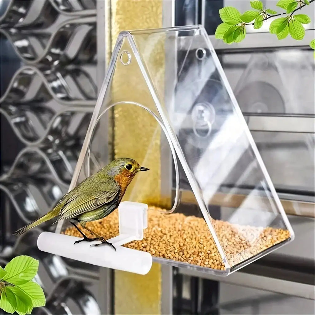 Window Bird Feeder with Ultra-Strong Suction Cups - Weather-Resistant Triangle Acrylic Design for Gardens and Patios