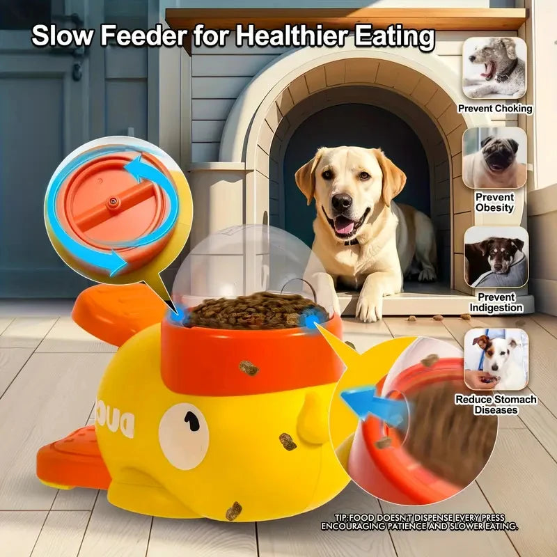 Yellow dog slow feeder with text about healthier eating habits, placed in front of a doghouse.