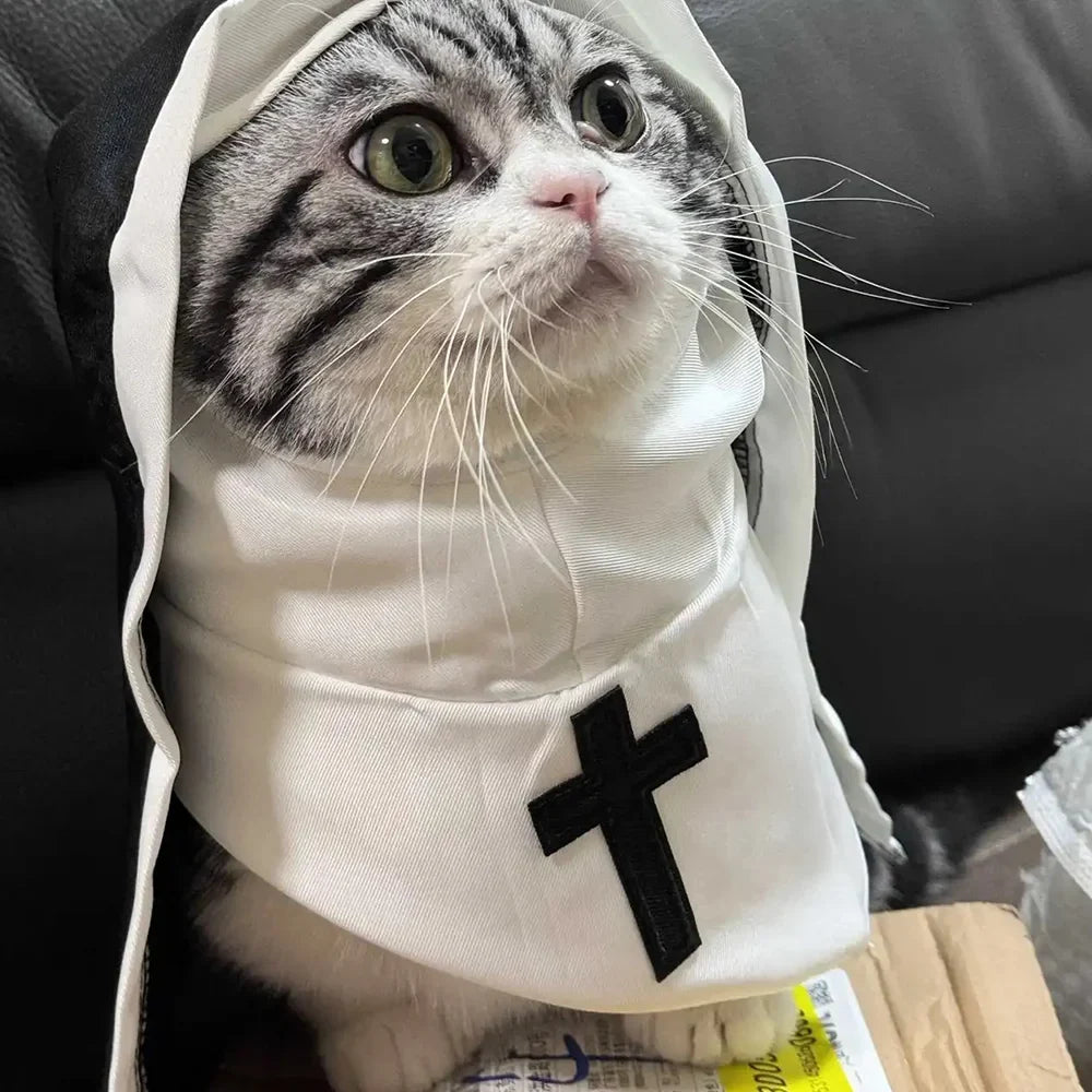 Sister Paws Nun Costume - Funny Pet Nun Habit with Cross Design for Cats & Dogs (XS-XL)