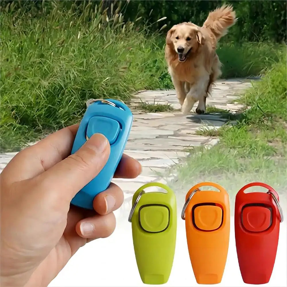 Dog training remote control held by a hand with a dog in the background