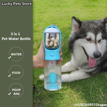 3-in-1 Travel Pet Water Bottle – 600ml Portable Dog/Cat Bowl with Poop Bag Dispenser & Food Container