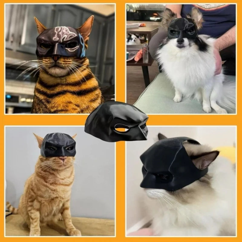 A collage showing a black cat and dog costume mask worn by different pets, plus a standalone view of the mask in the center. The collage is bordered in orange and includes indoor home/clinic-like backgrounds.