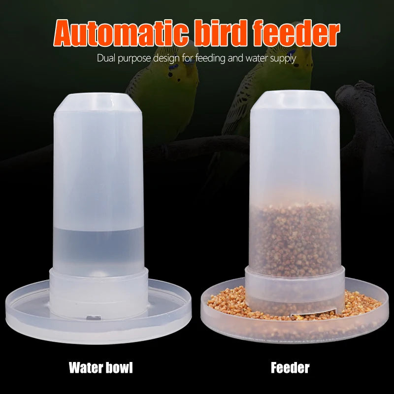 Automatic bird feeder with water bowl dual purpose design on a dark background