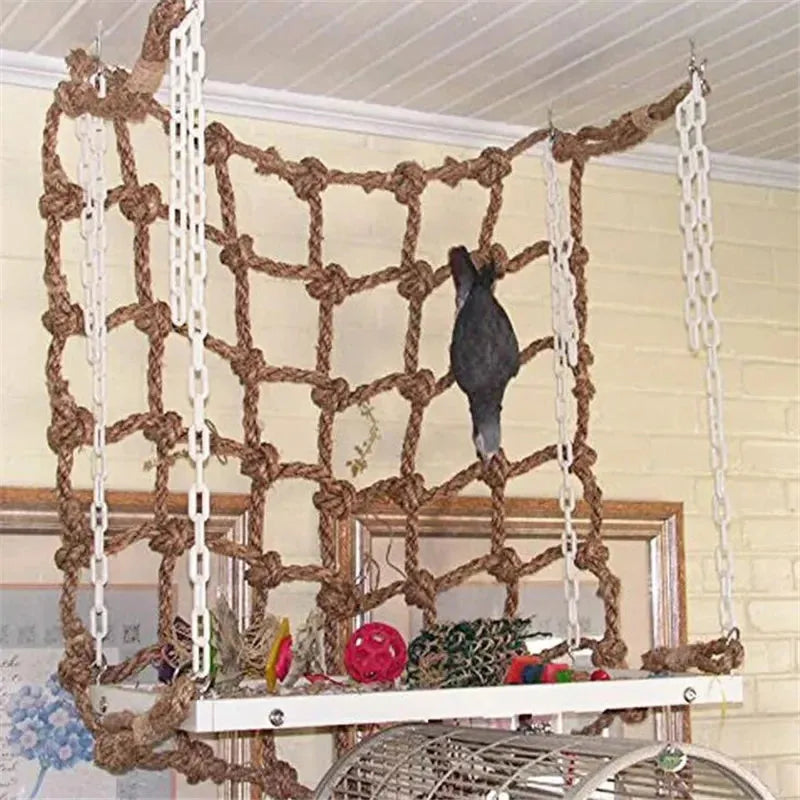 Rope climbing frame with a bird perched on it inside a room.