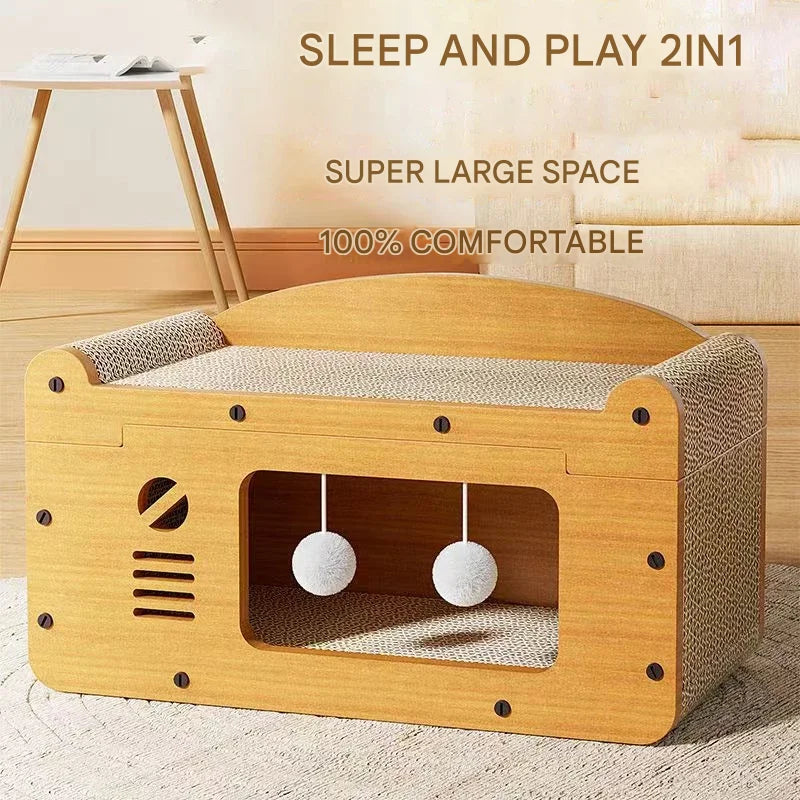 Wooden pet bed with a large space for sleep and play, featuring two hanging balls.