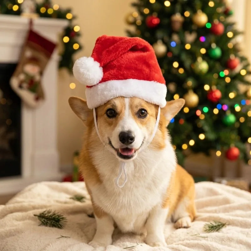 A corgi dog wearing a red Santa hat sits on a cream blanket in front of a decorated Christmas tree and fireplace.