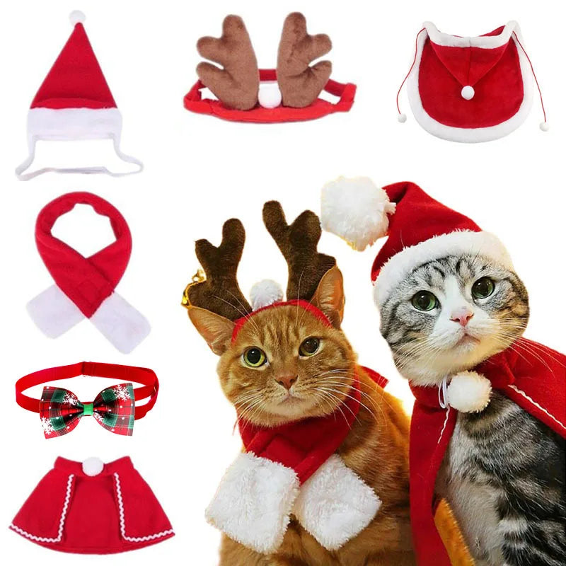 Collection of Christmas-themed pet accessories with two cats wearing the items on a white background.