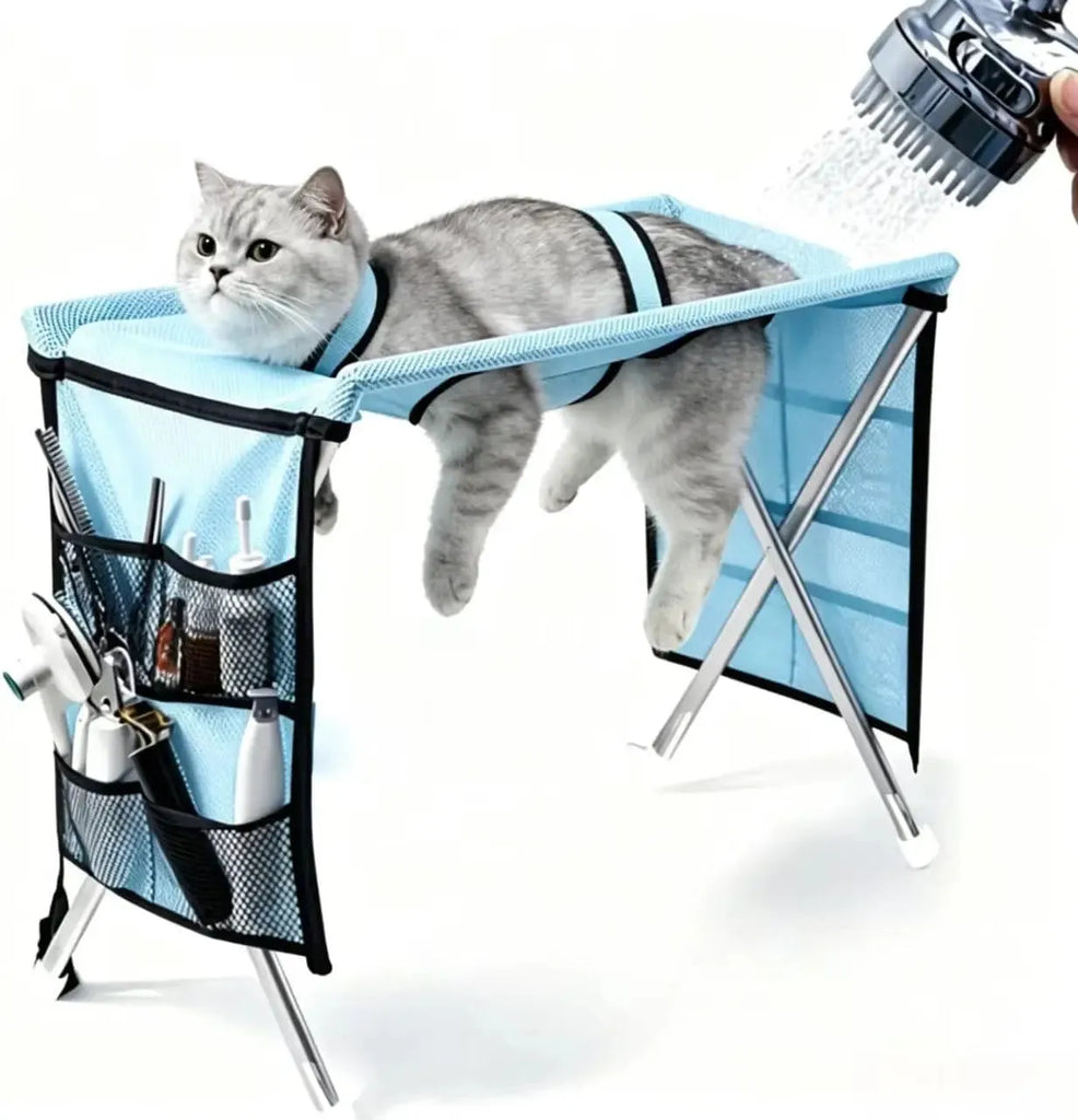 A gray cat lies on a light blue pet grooming table with a hanging organizer pocket on the side. A shower head is spraying water over the cat, shown against a clean white background.