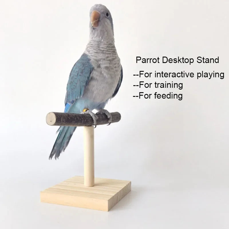 Parrot perched on a wooden stand with text indicating its uses.
