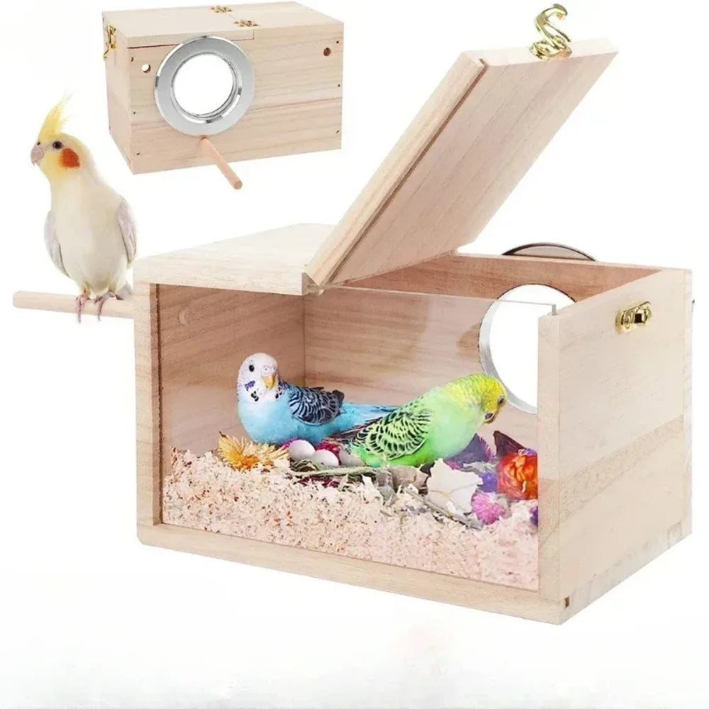Wooden bird playpen with birds inside on a white background