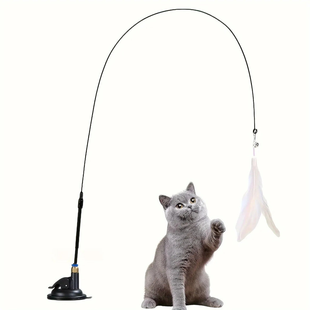 Interactive Cat Teaser Toy – Exciting Bell & Feather Wand with Long Suction Cup Pole for Endless Playtime Adventures!