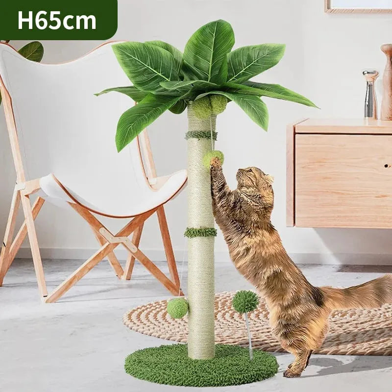 Cat climbing a plant-shaped scratching post with a cat on a light gray floor.