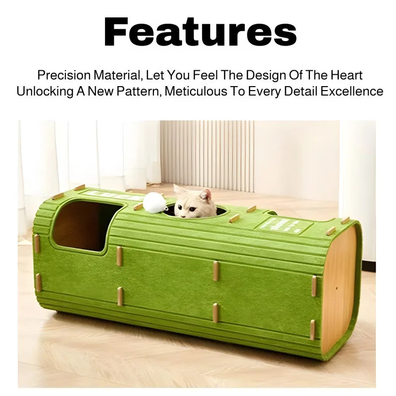 Green pet bed with a cat inside, featuring text about product features.