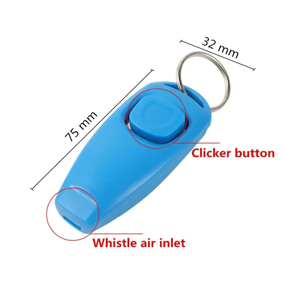Blue dog training clicker with measurements and labeled parts on a white background