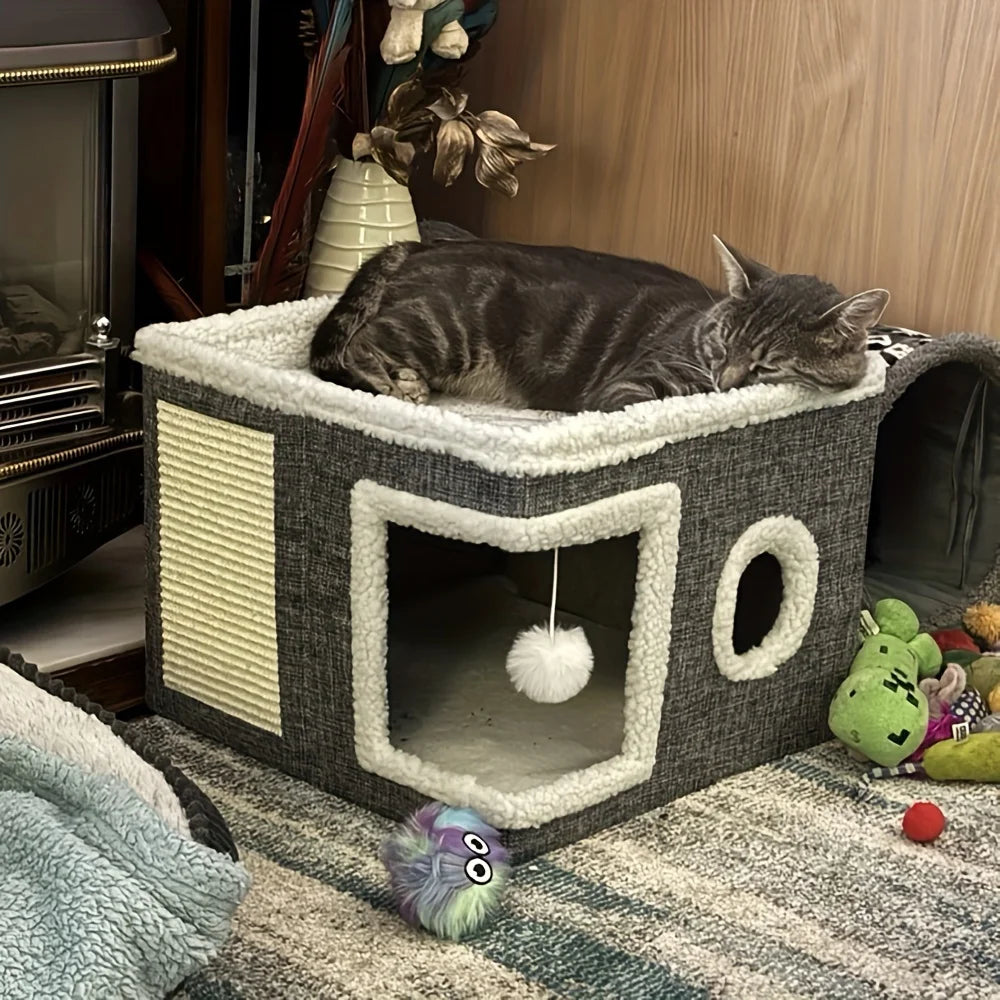 4-Season Multi-Level Cat House – Indoor Foldable Design with Scratching Board & Non-Slip Base, 30LB Capacity, Warm Cat Bed Cave for Cats & Small Dogs