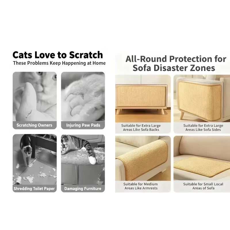 Product advertisement for cat scratch protection pads with images and text.