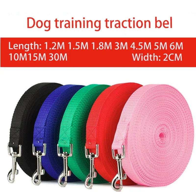 Dog training traction belts in various colors with specifications on a white background