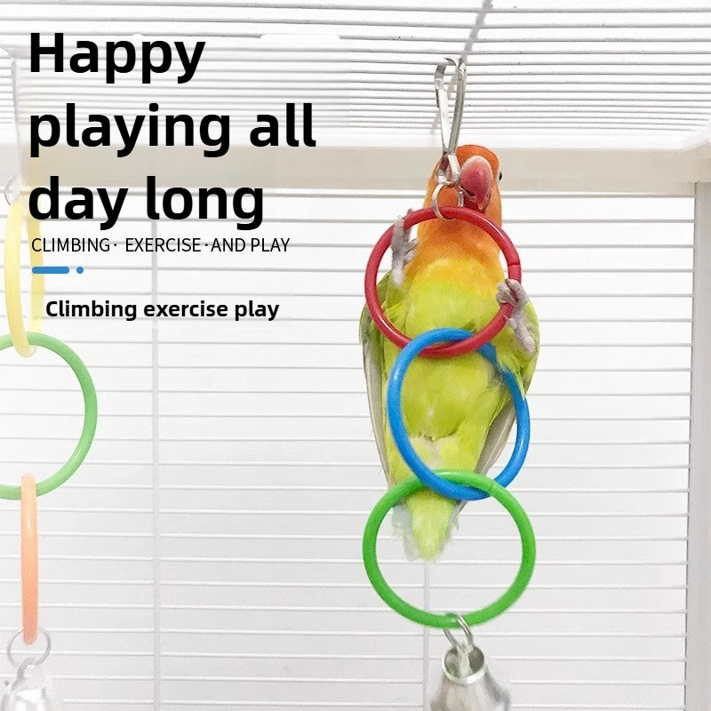Colorful parrot perched on a climbing ring toy with text 'Happy playing all day long' on a white background.