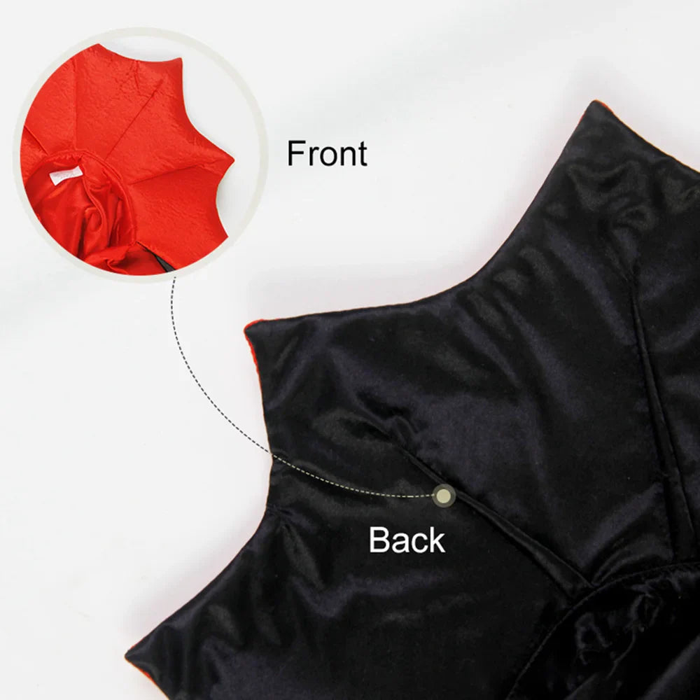 Black one-shoulder dress with red lining, showing front and back views on a white background.
