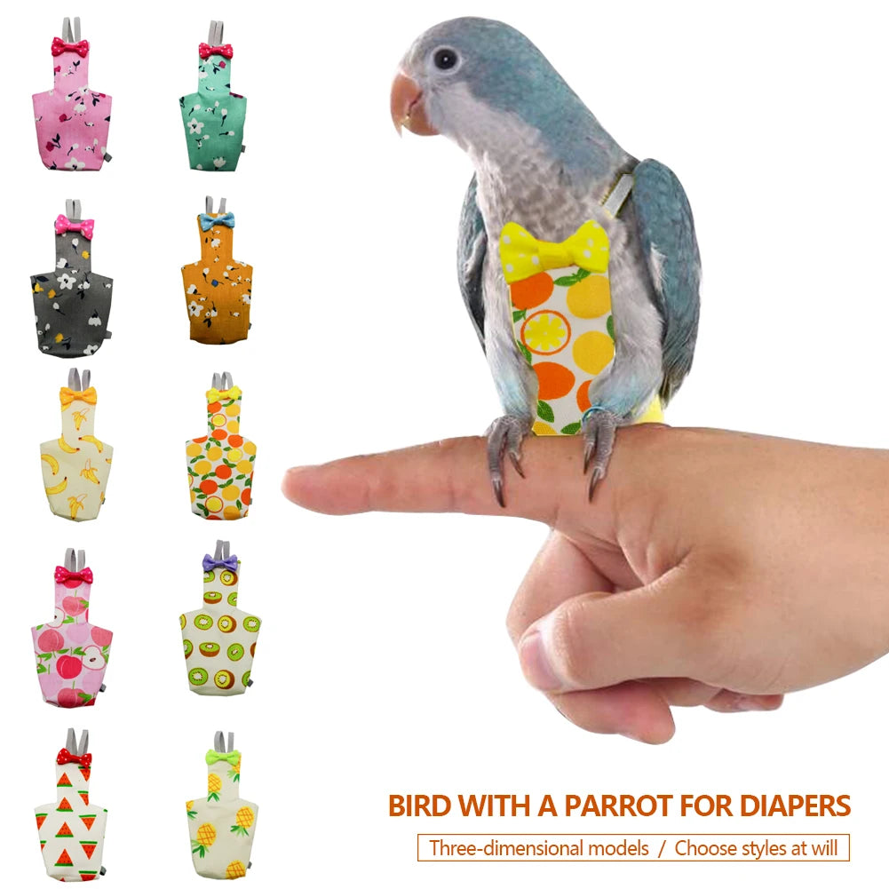 Parrot wearing colorful diaper with various styles displayed below on a white background