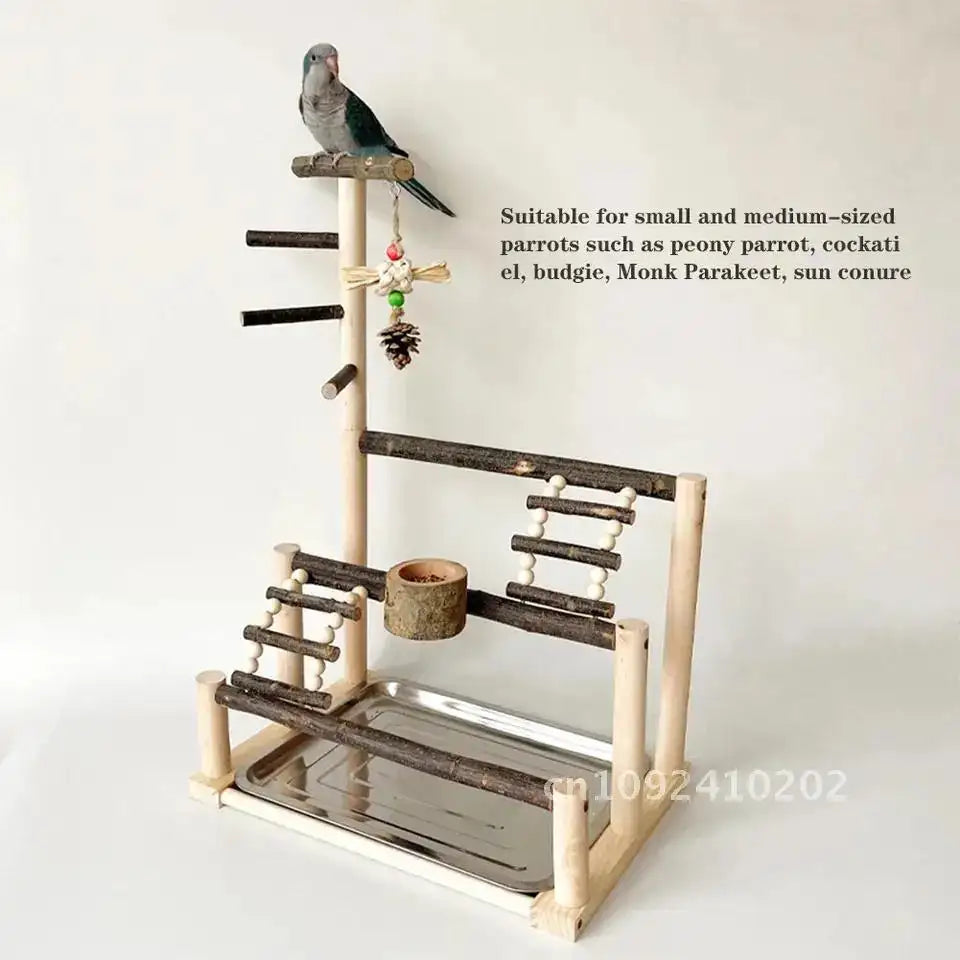 Parrot Playground: Natural Wood & Stainless Steel Multi-Activity Bird Gym with Feeding Cups & Tray