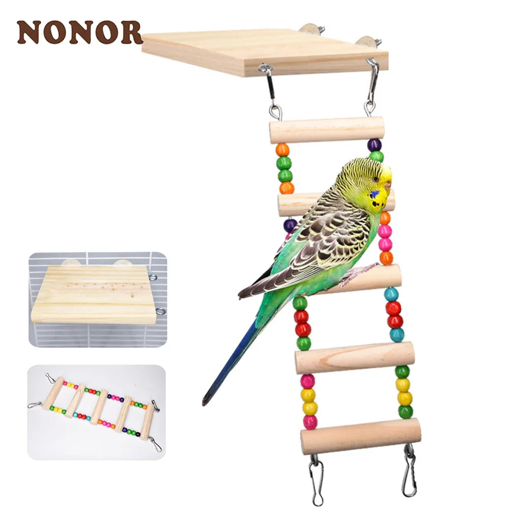 Bird perch with colorful beads and a parrot on a white background, featuring the brand 'NONOR'.