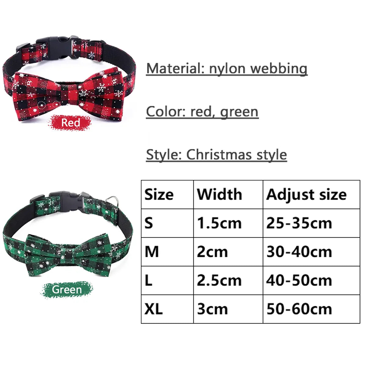 Dog collars with bow ties in red and green Christmas styles, showing material, color, and size chart.