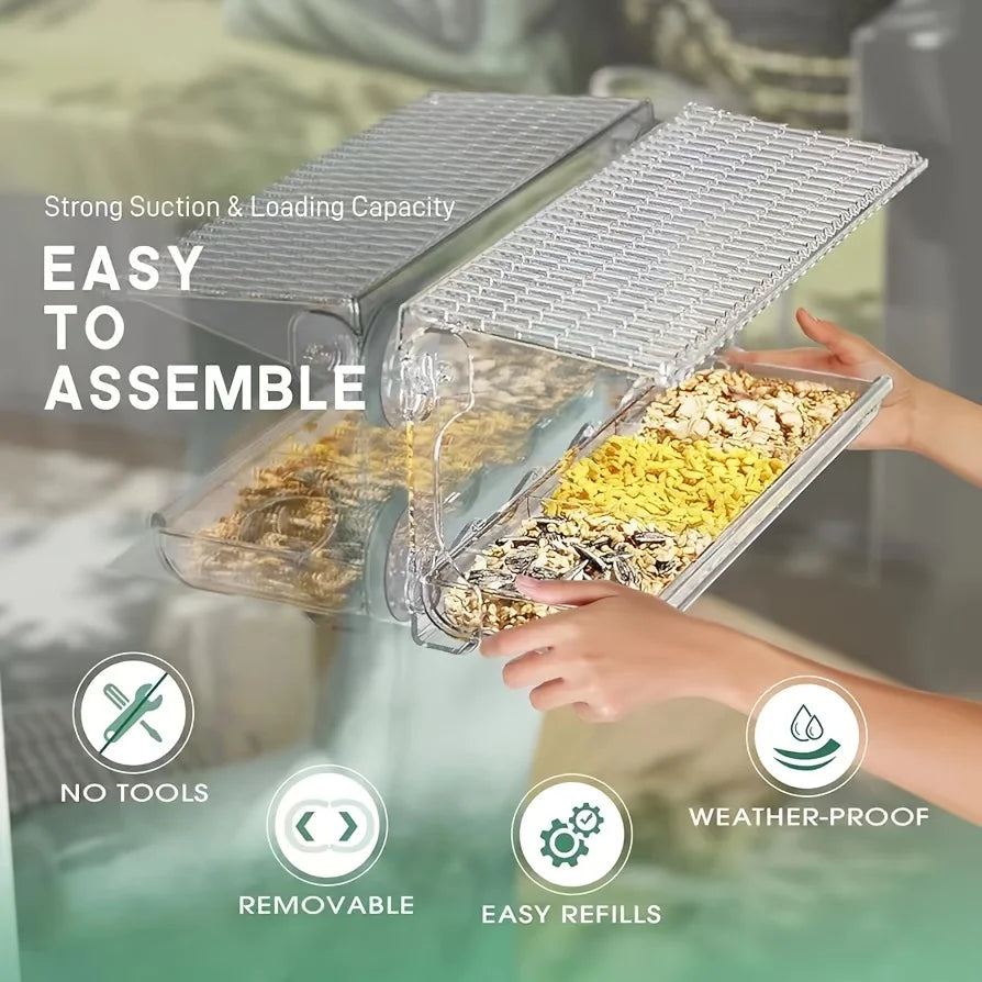 Clear container with food, labeled features like 'Easy to Assemble', 'No Tools', 'Removable', 'Weather-Proof', and 'Easy Refills'.