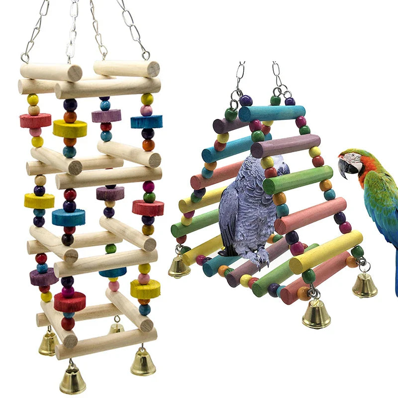 Colorful bird toys with wooden ladders and beads, featuring parrots on a white background.