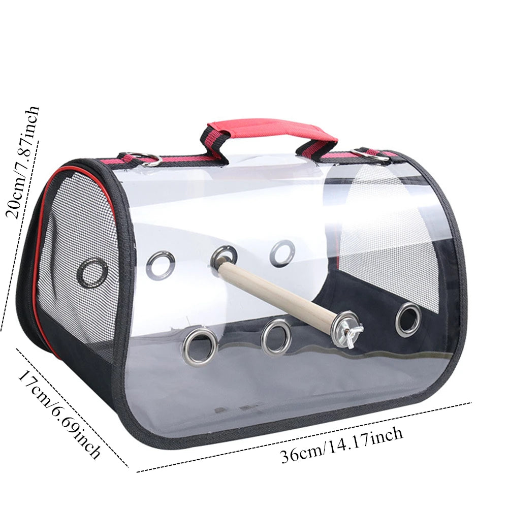 Clear pet carrier with dimensions labeled on a white background