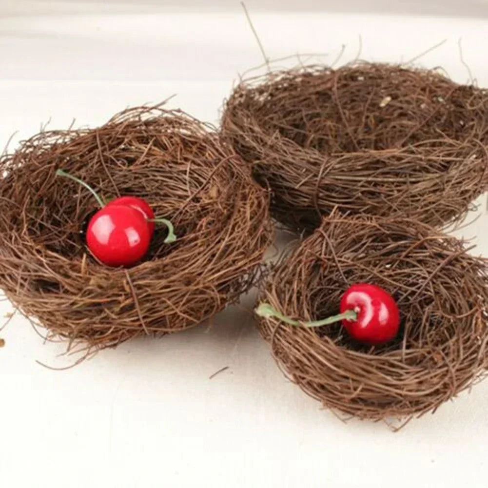 Three small bird nests with red cherries on a white background
