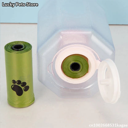 3-in-1 Travel Pet Water Bottle – 600ml Portable Dog/Cat Bowl with Poop Bag Dispenser & Food Container