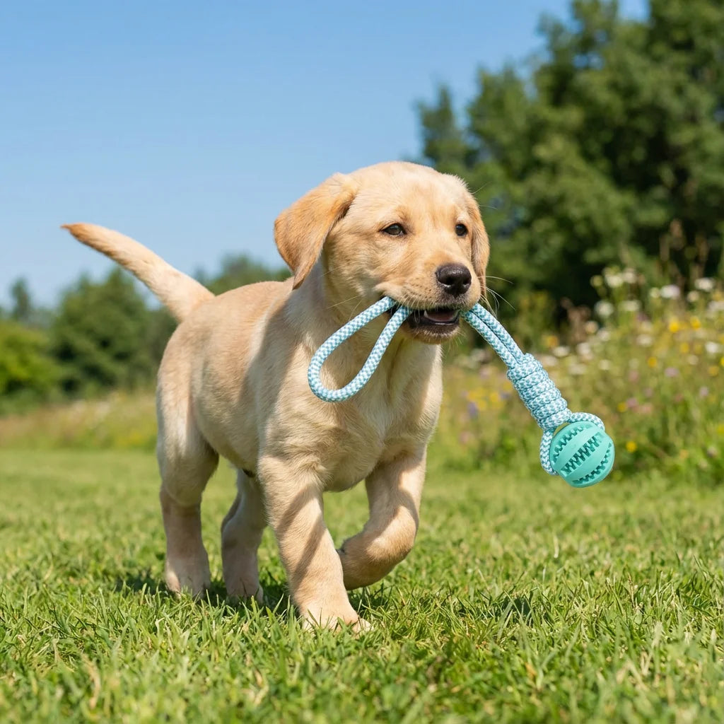 Puppy playing with a blue rope toy on grass