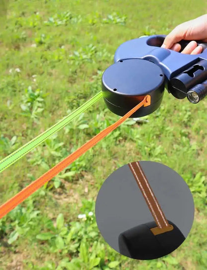 2-in-1 Auto-Retract Dual Dog Leash: LED Light + Tangle-Proof 360° Swivel & Poop Bag Dispenser