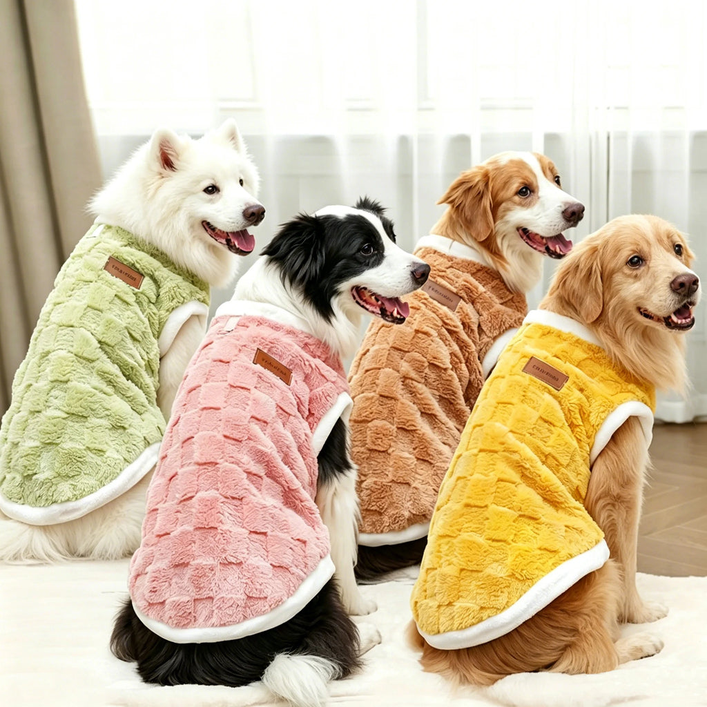 Four dogs wearing colorful coats sitting on a carpeted floor.