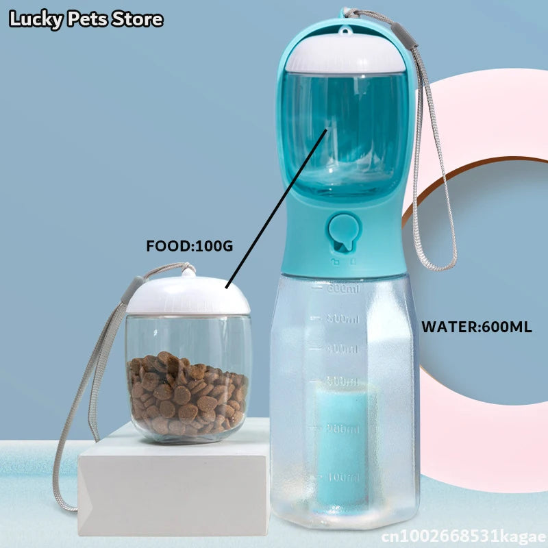 3-in-1 Travel Pet Water Bottle – 600ml Portable Dog/Cat Bowl with Poop Bag Dispenser & Food Container