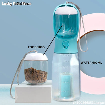 3-in-1 Travel Pet Water Bottle – 600ml Portable Dog/Cat Bowl with Poop Bag Dispenser & Food Container