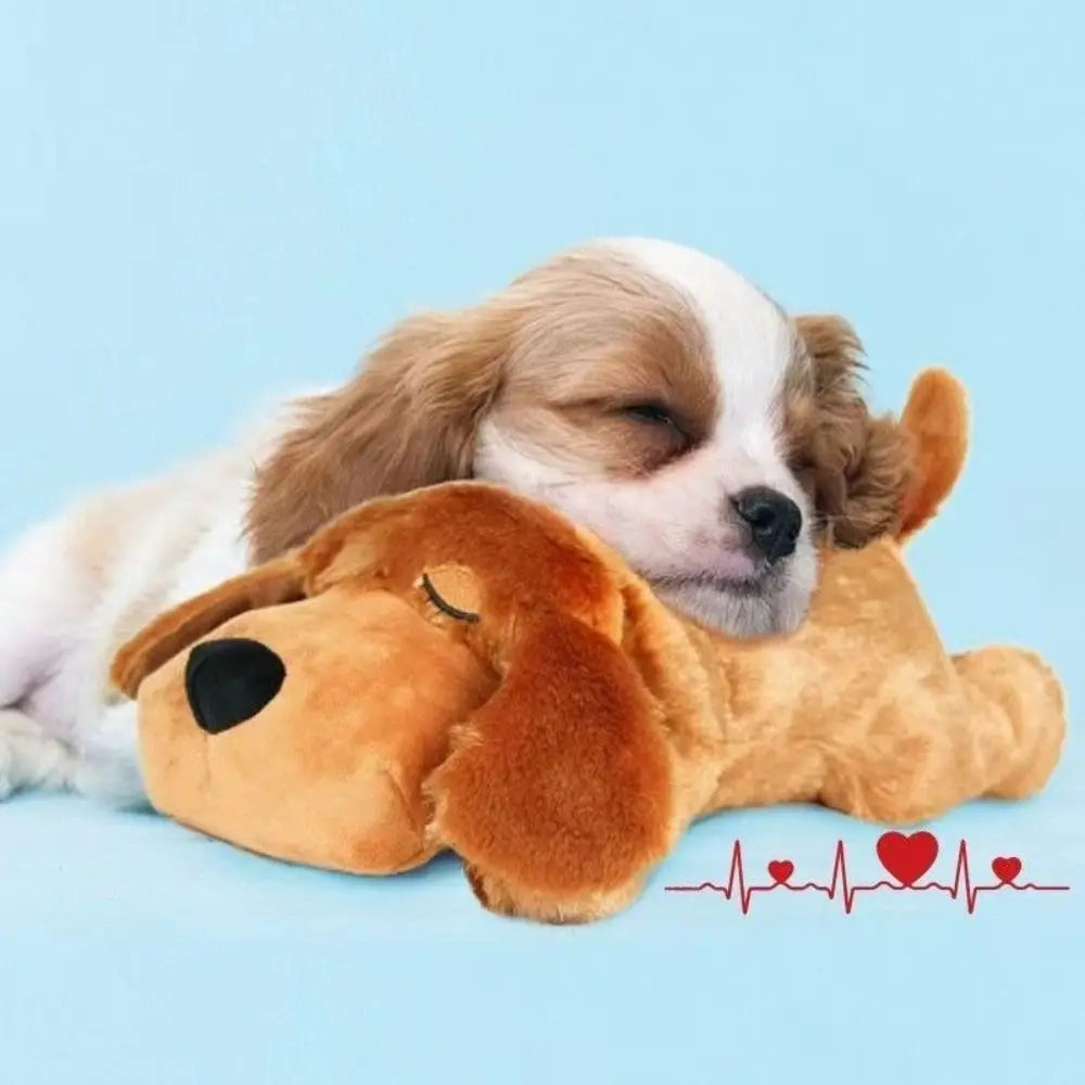Puppy sleeping on a plush dog toy with a blue background