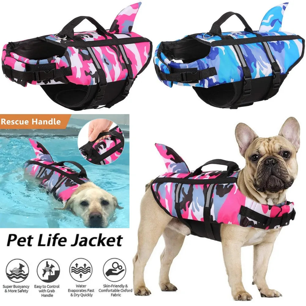 Dog life jackets in pink and blue patterns with a rescue handle, shown on a dog and in water.