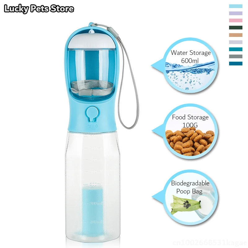 3-in-1 Travel Pet Water Bottle – 600ml Portable Dog/Cat Bowl with Poop Bag Dispenser & Food Container