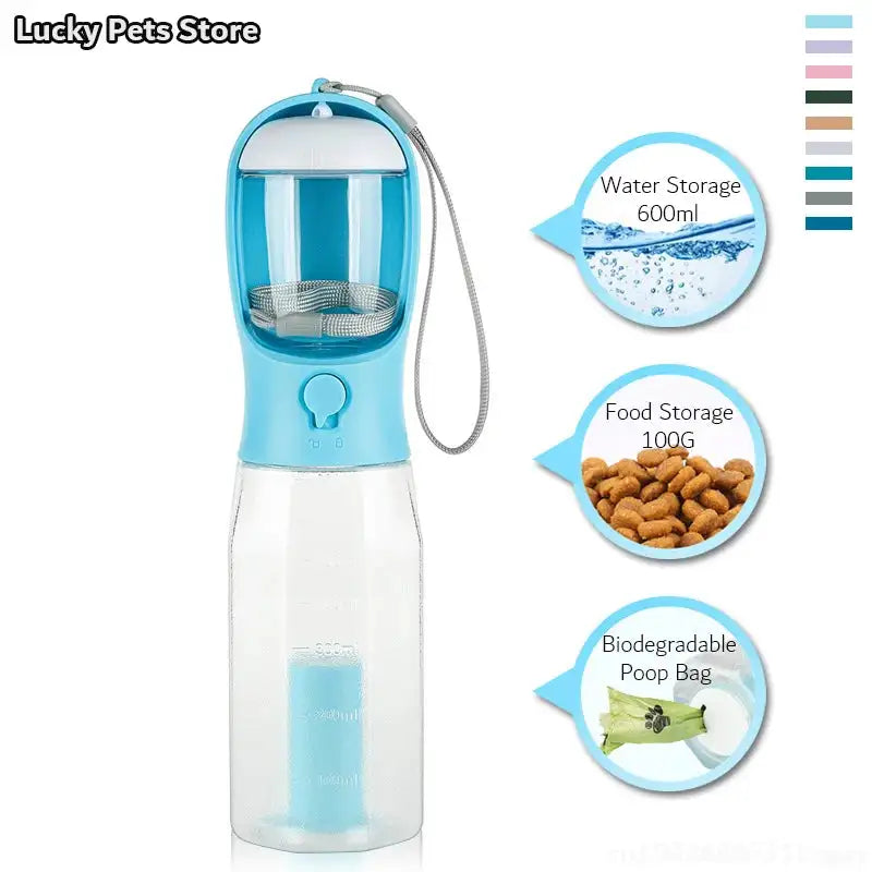 3-in-1 Travel Pet Water Bottle – 600ml Portable Dog/Cat Bowl with Poop Bag Dispenser & Food Container